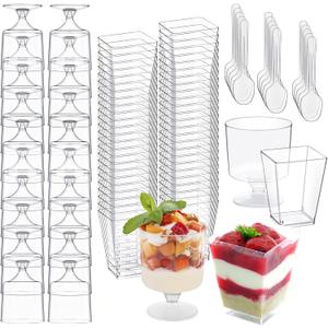 320-Pack Dessert Cups with Spoons 5 oz Mini Plastic Dessert Cups for Party Yogurt Parfait Jello Fruit Appetizer Cocktail Small Clear Reusable Square and Round Goblet-Shaped Dessert Bowls Shot Glasses