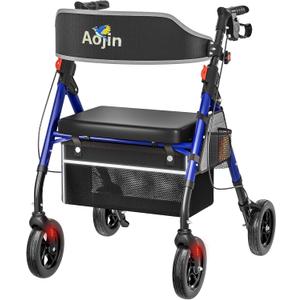 Lightweight Foldable Rollator Walkers with Seat for Seniors, 350 lb Capacity, 8'' Wheels, 17.7" Big Seat, 6-Position Adjustable Height, Ultralight Aluminum Frame Rolling Walker (Blue)