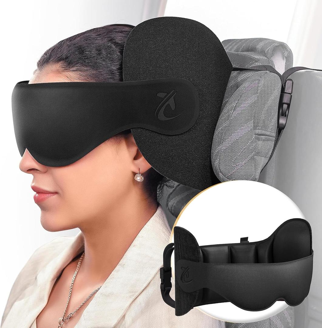 Travel Pillow, Airplane Neck Pillow for Long Flight, Oversized Head Strap with 3D Eye Mask for Sleep, 360Support Headrest, Stop Bobblehead, Ultimate Travel Essentials for Men Women Black (Premium)