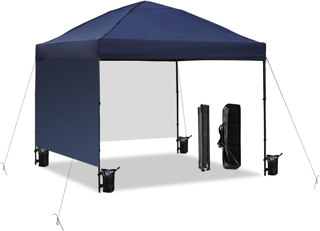 10x10 Pop Up Canopy Tent with 2 Sidewalls, Easy Up Canopy Upgraded Outdoor Party Sun Shade Tent Portable Gazebo for Beach Camping Events with Carry Bag and 4 Sand Bags (Navy Blue-New)
