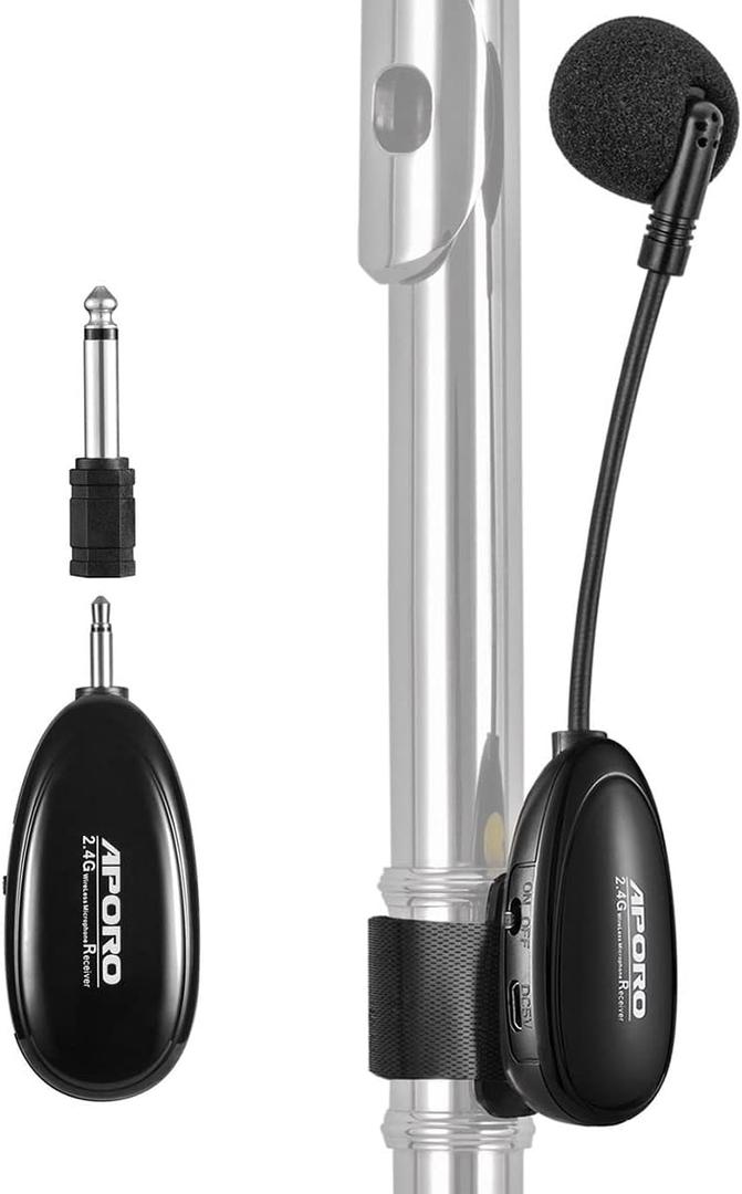 2.4G Wireless Flute Microphone Tie on Music Instruments Microphone, Wireless Receiver and Transmitter, for Flute and More