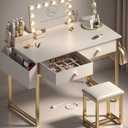 Makeup Vanity Desk No Mirror with Chair for Girls, White Small Vanity Table Set with Fabric Drawers, Power Outlet Without Mirror, Modern Make Up Desk for Bedroom (2.gold)
