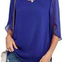 Neineiwu Womens Casual Scoop Neck Loose Top 3/4 Sleeve Chiffon Blouse Shirt Tops (Blue, M)