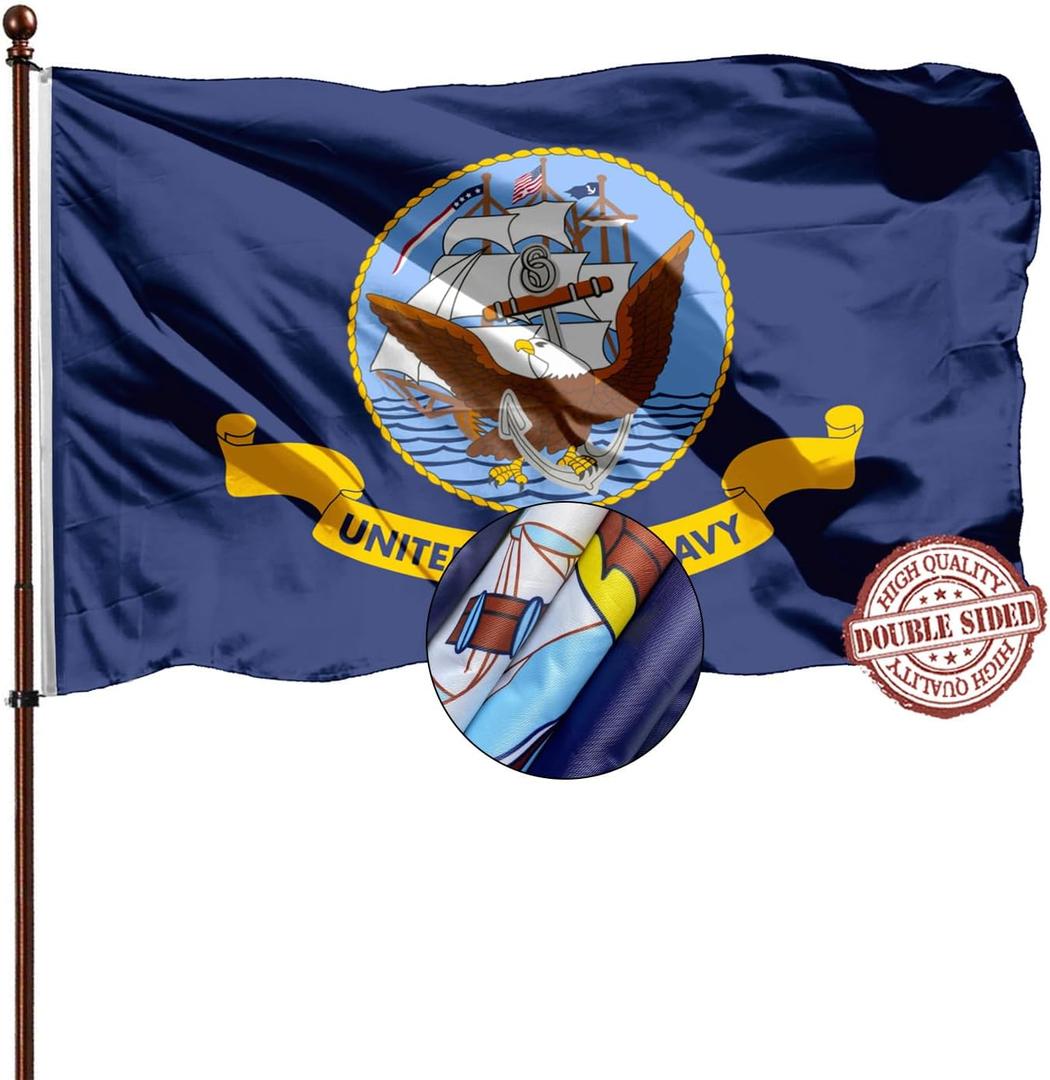 Embroidered Navy Flags 3x5 Outdoor Double Sided- 3Ply Heavy Duty 300D Nylon(All Weather)- Navy Flag Banner -2 Brass Grommets & 4 Rows Stitched