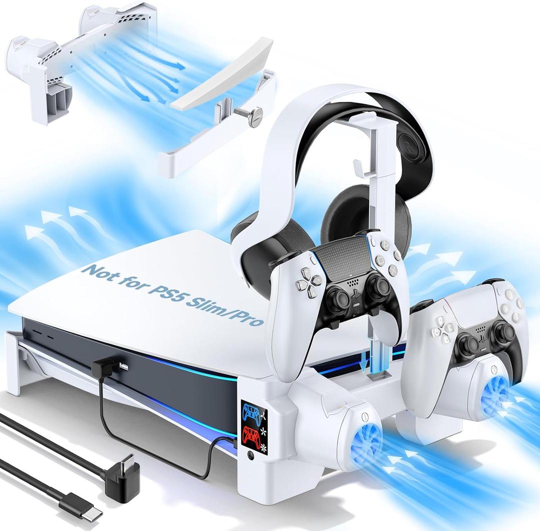 PS5 Horizontal Stand with 3-Level Cooling Fans for PlayStation 5 Console, PS5 Accessories Controller Charging Station for PS 5 Edge Controller, P5 Cooling Station (Not Fit PS 5 Slim/Pro)