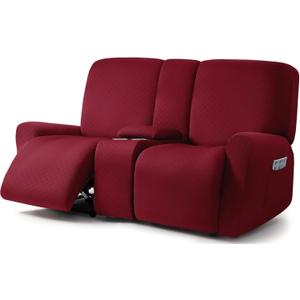 ULTICOR Squared Jacquard Design Reclining Loveseat with Middle Console Slipcover, 8-Piece Stretch Sofa Covers, 2 seat Loveseat Recliner Cover (Loveseat with Console Recliner Cover, Burgundy - Wine)