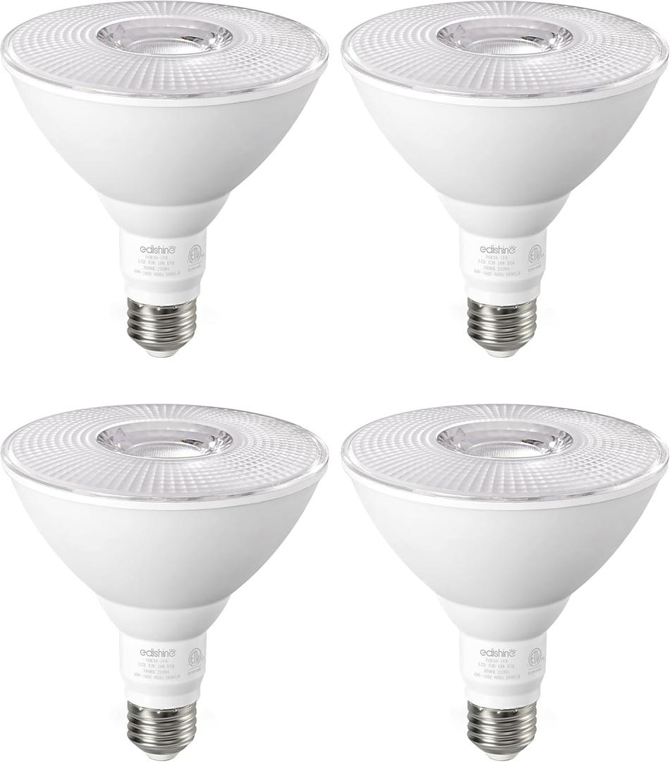 EDISHINE Flood Light Bulbs, PAR38 LED Outdoor Flood Light Bulbs, 120W Equivalent Dimmable Waterproof for Patio Yard Porch Driveway Garage, 3000K Warm Light 18W 1800LM E26 Base, 4 Pack, ETL Listed