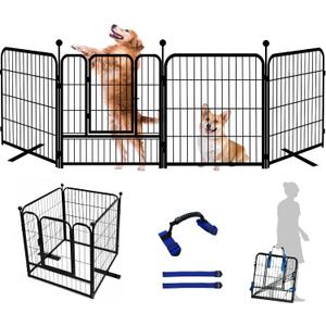 GXSDJ Metal Freestanding Dog Gates with Door, Outdoor Gates for Doorways Extra Wide, 75”W×24”H 3 Panels, Dog Fences Indoor for Stairs and Hallways, Include Foot Support