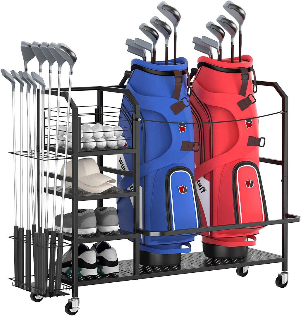 Golf Bag Storage, Big Capacity Golf Bag Organizer for Golf Bag and Equipment Accessories, Golf Organizer for Garage, Home or Club, Extra Storage Rack for Golf Clubs, Black