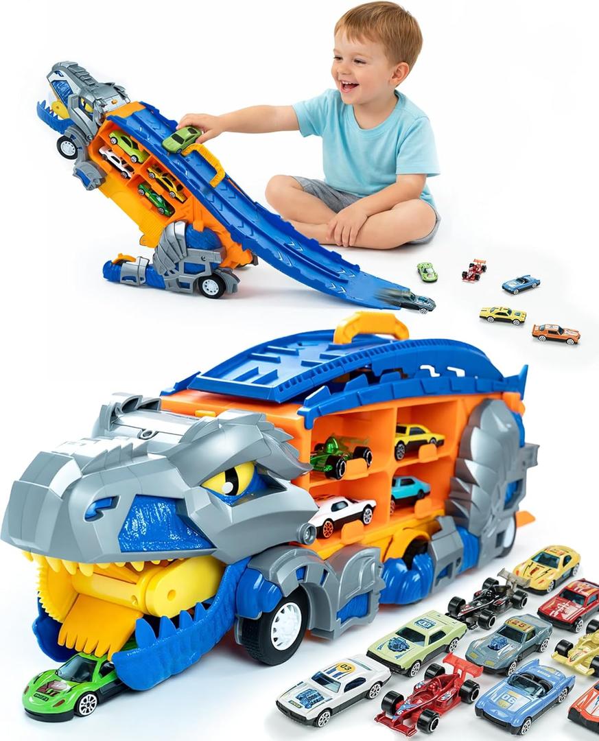 13 in 1 Dinosaur Toys for Kids 3-6, Carrier Truck Race Track Toddlers Toys, Foldable Track Playset,Dinosaur Truck with 12 Die-Cast Racing Car Toys, Xmas Gifts for Boys Girls (Blue)