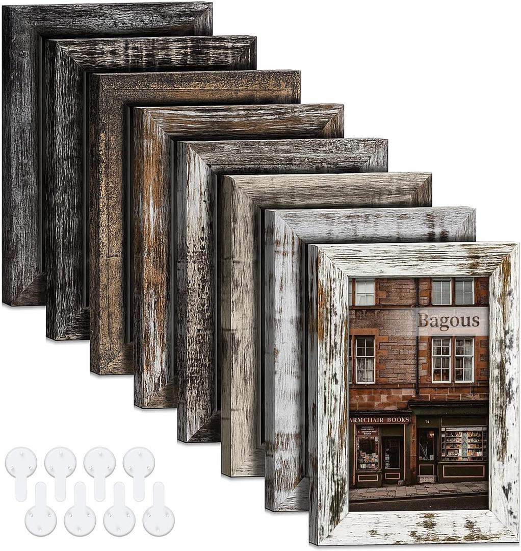 5x7 Picture Frames Set of 8, Vintage Rustic Farmhouse Industrial Style Photo Frames, High Definition Real Glass, for Tabletop or Wall Hanging