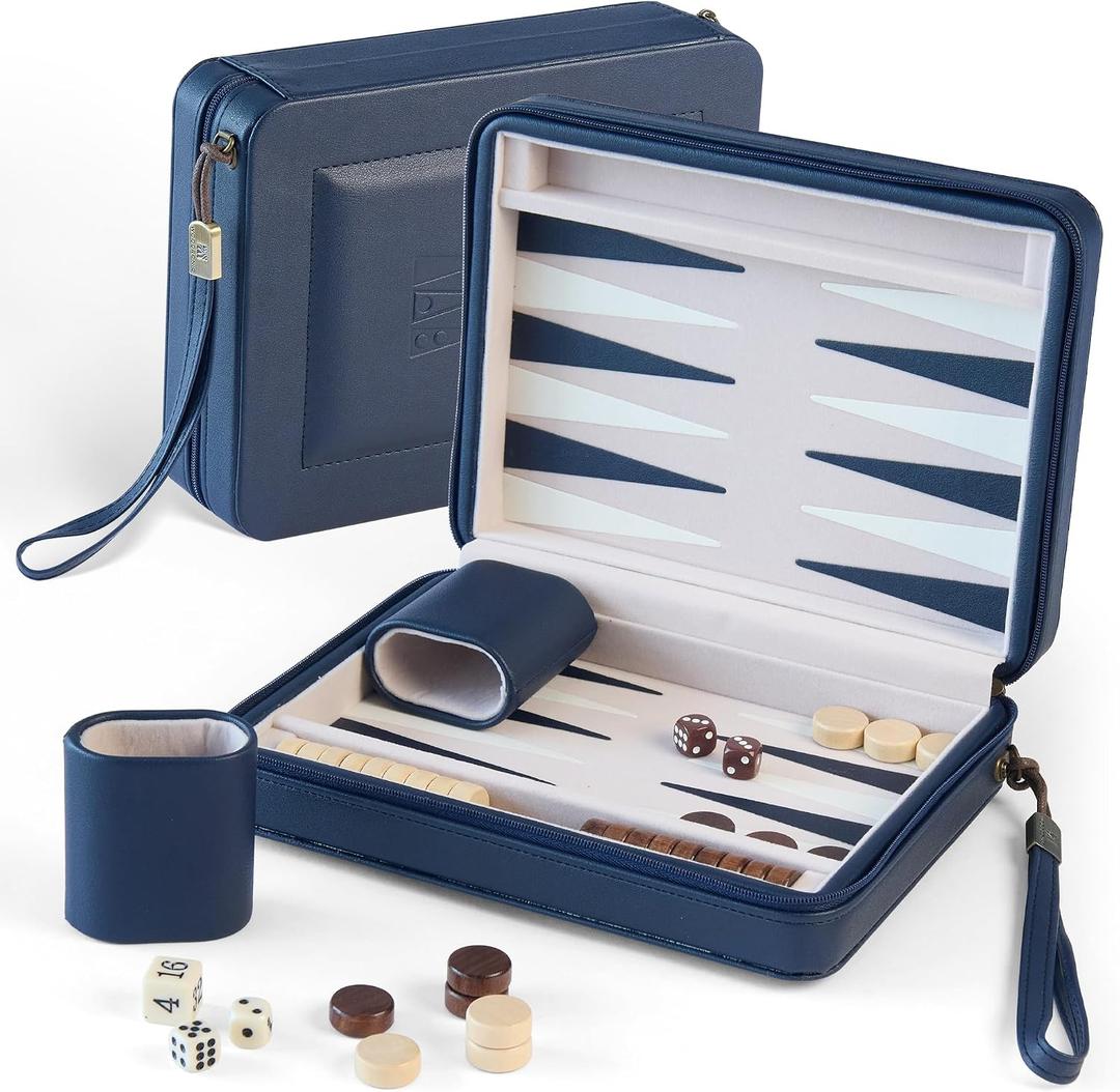 Magnetic Travel Backgammon Set, Portable PU Leather Backgammon Board Game, 9 Inch Classic Strategy Game for Adult Teens, Folding Backgammon Board with 32 Wooden Pieces and 5 Dices, Navy Blue