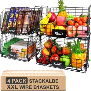 4 PACK XXL Stackable Wire Baskets for Storage Pantry, Fruit Basket For Kitchen Cabinet,16.3''x12''x8.2''Vegetable Fruit Snack Chips Onion Potato Cans Organization, Pantry Organizers and Storage