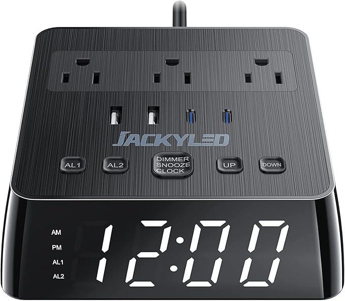 Alarm Clock with USB Charger JACKYLED Power Strip Total 4.8A USB Ports LED Full Screen Surge Protector 6.5ft Cord 4 Dimmer for Heavy Sleepers Compatible with Phone Tablet Computer Black