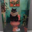 Funny Black Cat Bathroom Wall Art Decor, Funny Black Cat Reading Newspaper On The Toilet Canvas Artwork Print, Tropical Cat Canvas Wall Art for Bathroom Toilet Restroom Washroom Wall Decor 16x24''
