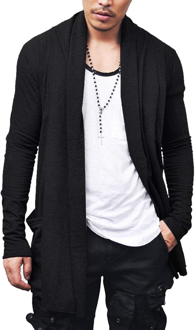 COOFANDY Men's Ruffle Shawl Collar Cardigan Open Front Lightweight Long Length Drape Cape Overcoat with Pockets XXL