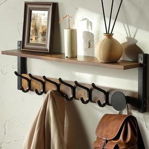 YIGII Coat Rack Wall Mount with Shelf, 32inch Wall Floating Shelf Entryway Shelf with 8 Hooks and Storage, Wood Coat Hanger Wall Mount for Bathroom, Living Room, Bedroom, Rustic Brown