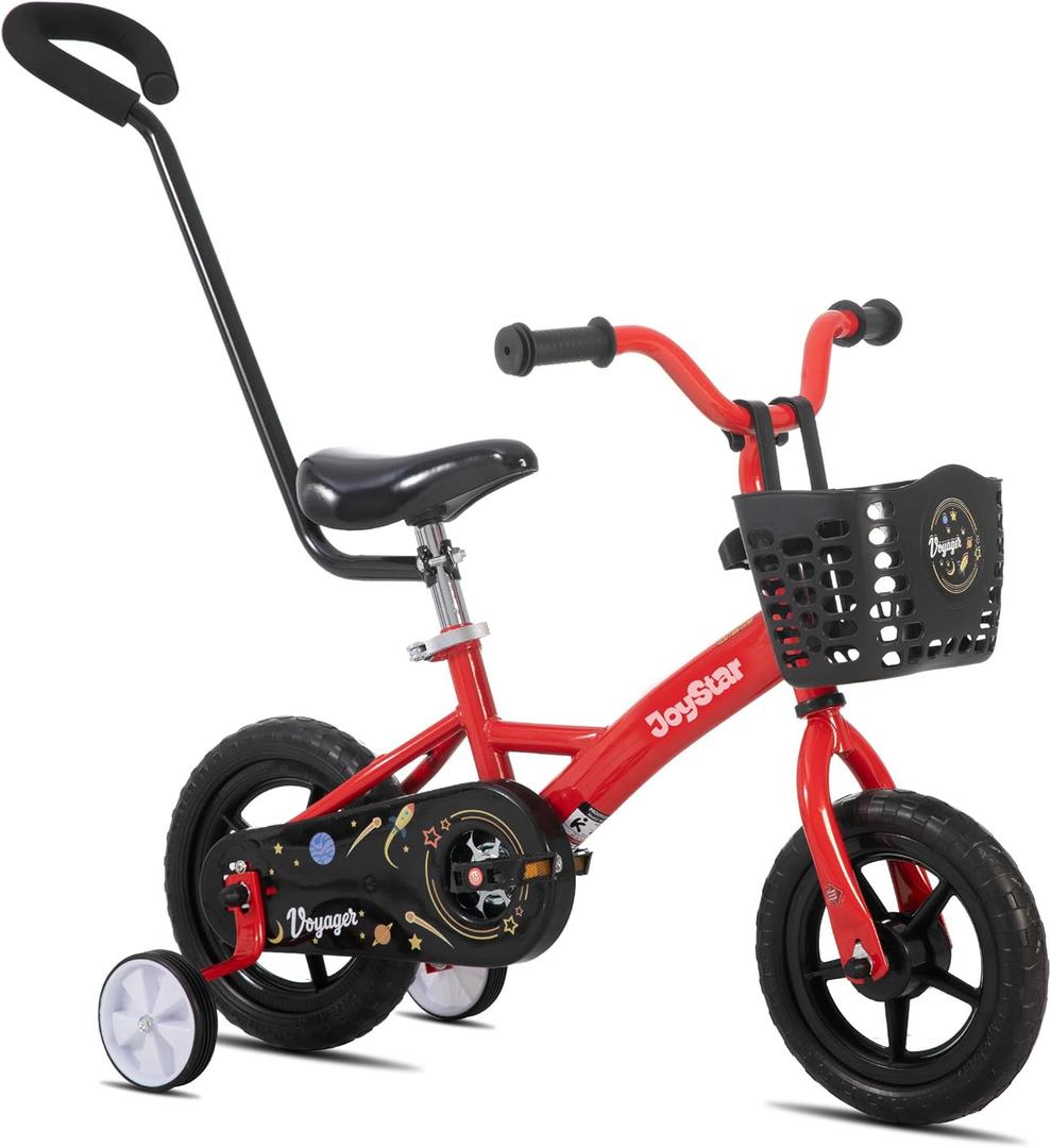 JOYSTAR 10 & 12 Inch Kids Bike for Boys and Girls Ages 1-4 Years, Toddler Bike with Training Wheels & Basket, Detachable Parent Push Handle, Kids Pedal Bike,Red
