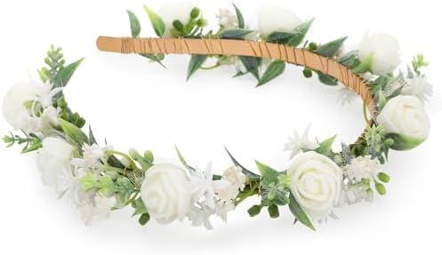 KorViSHOW White Flower Crown Hairband - Rose Flower Headband for Women's Wedding, Party, Festival Decoration, Hair Styling Accessory