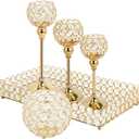 5 Pack Golden Crystal Candle Holders Table Centerpieces with Rectangular Mirror Tray Elegant Tea Light Candelabras for Dining Room Decoration Wedding Holiday Birthday Party