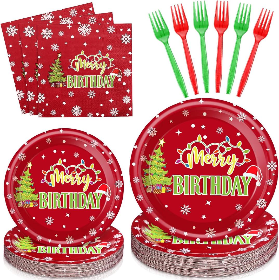 Havawish 96 Pcs Christmas Birthday Decorations Set Merry Birthday Christmas Paper Plates and Napkins Forks Disposable Xmas Tableware Set for Xmas New Year Decorations, 24 Guests (Red)