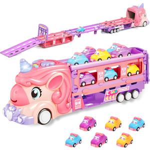 Car Toys for Kids 3-5, Carrier Truck Toy Gifts for 3 4 5 6 7 Year Old Girls, Foldable Race Track Monster Trucks with 6 Mini Cars, Birthday Gifts for Kids Girls 4-6