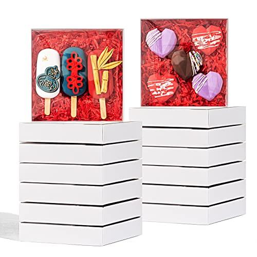 JCXPACK 25PCS 6" x 6" x 1 ¼" Clear White Cookie Boxes with Full Window, Bakery Macaron Boxes Ores Boxes Cakesicle Boxes Chocolate Bomb Boxes