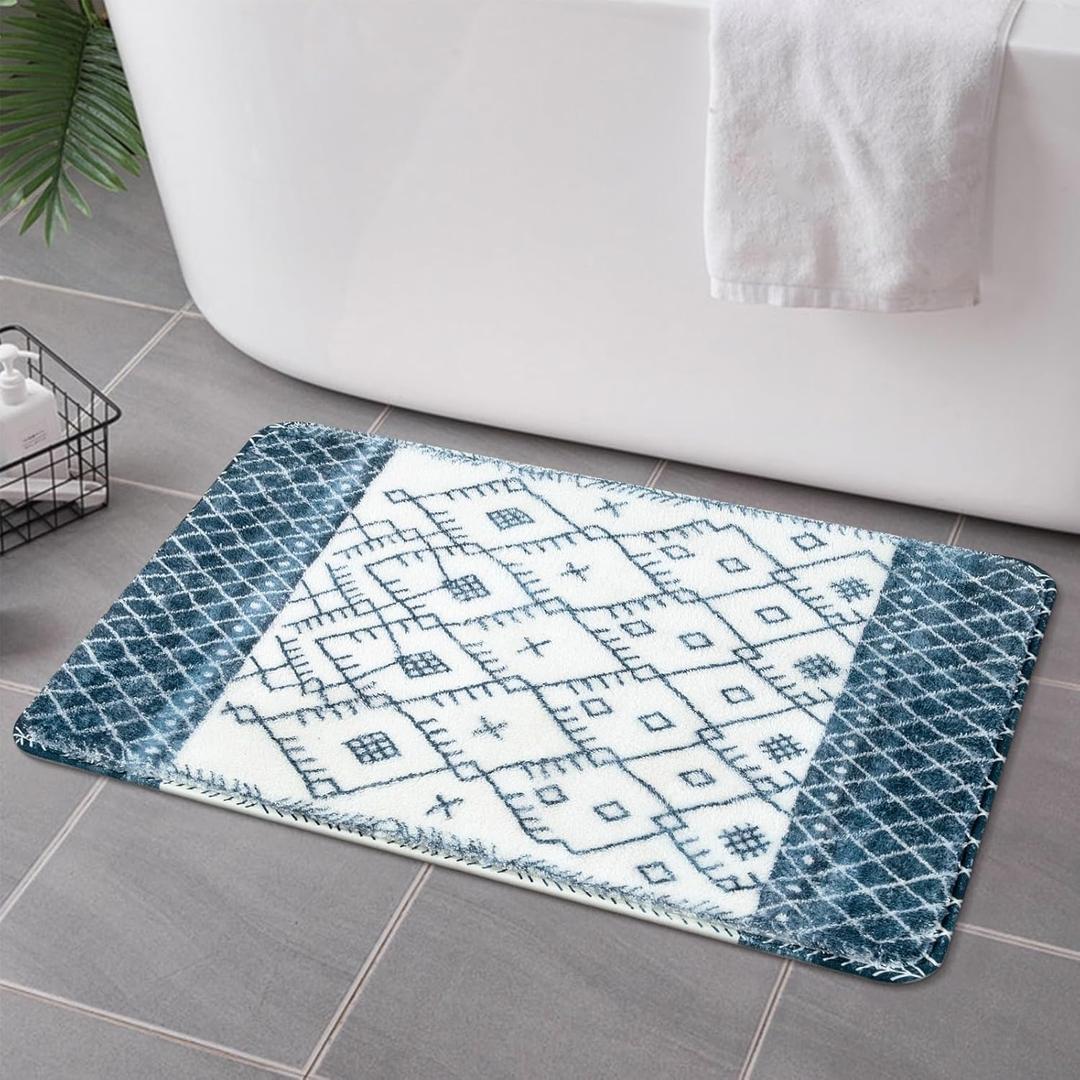 Uphome Bath Rugs for Bathroom, Moroccan Geometric Small Bath Rug, Non Slip Washable Soft Velvet Bath Mats for Bathroom Floor, Dark Blue Boho Farmhouse Toilet Rug for Sink Tub Shower, 18x26 inch