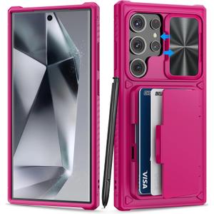 for Samsung Galaxy S24 Ultra Wallet Case, Built-in Card Holder (Store 4-5 Cards) & Kickstand & Slide Lens Cover, Military Grade Protection, Hard Silicone Case for Galaxy S24 Ultra 2024, Hot Pink