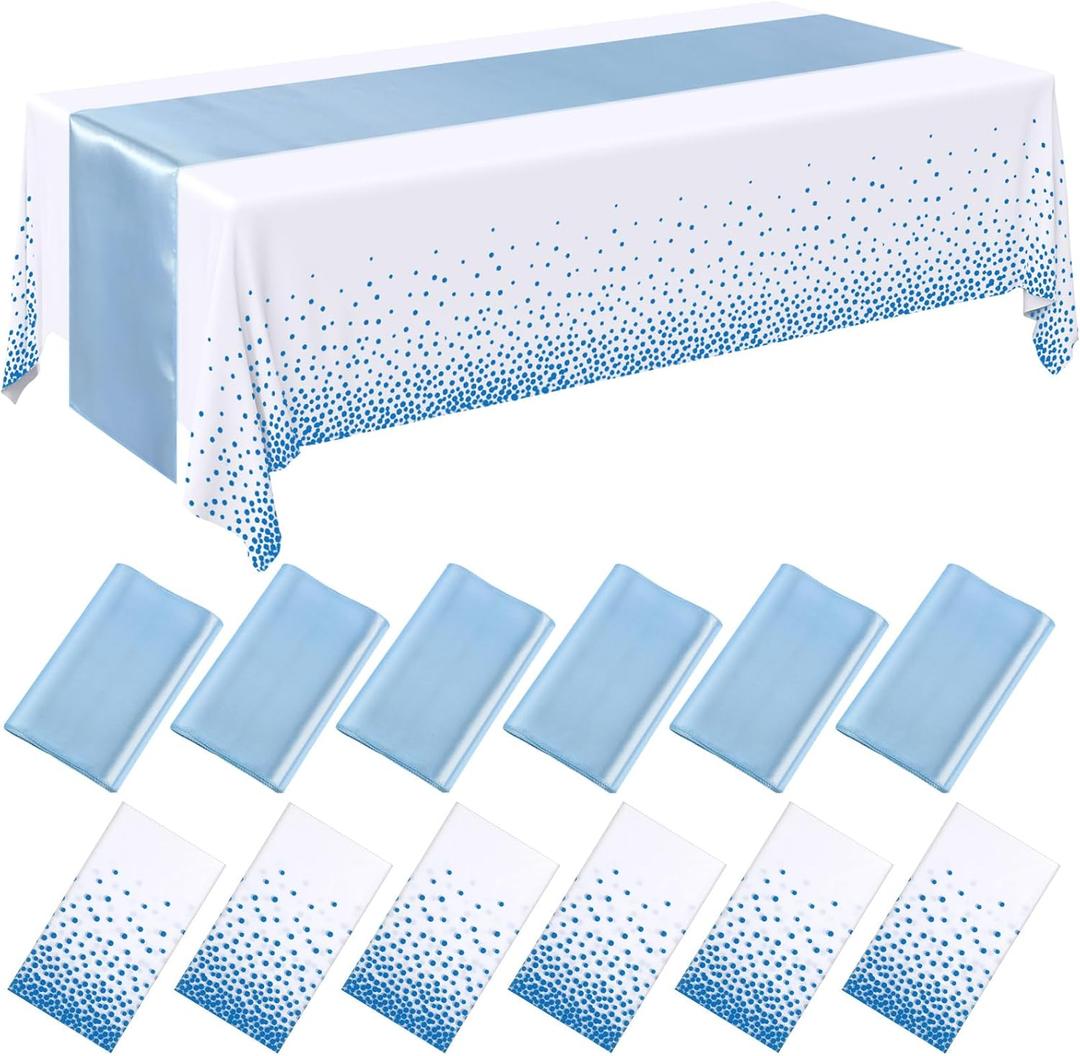 Tudomro 12 Pcs White and Light Blue Disposable Plastic Tablecloths and Satin Table Runner Set 54x108 Inch Tablecloth 12x108 Inch Table Runners for New Year Wedding Birthday Baby Shower Graduation