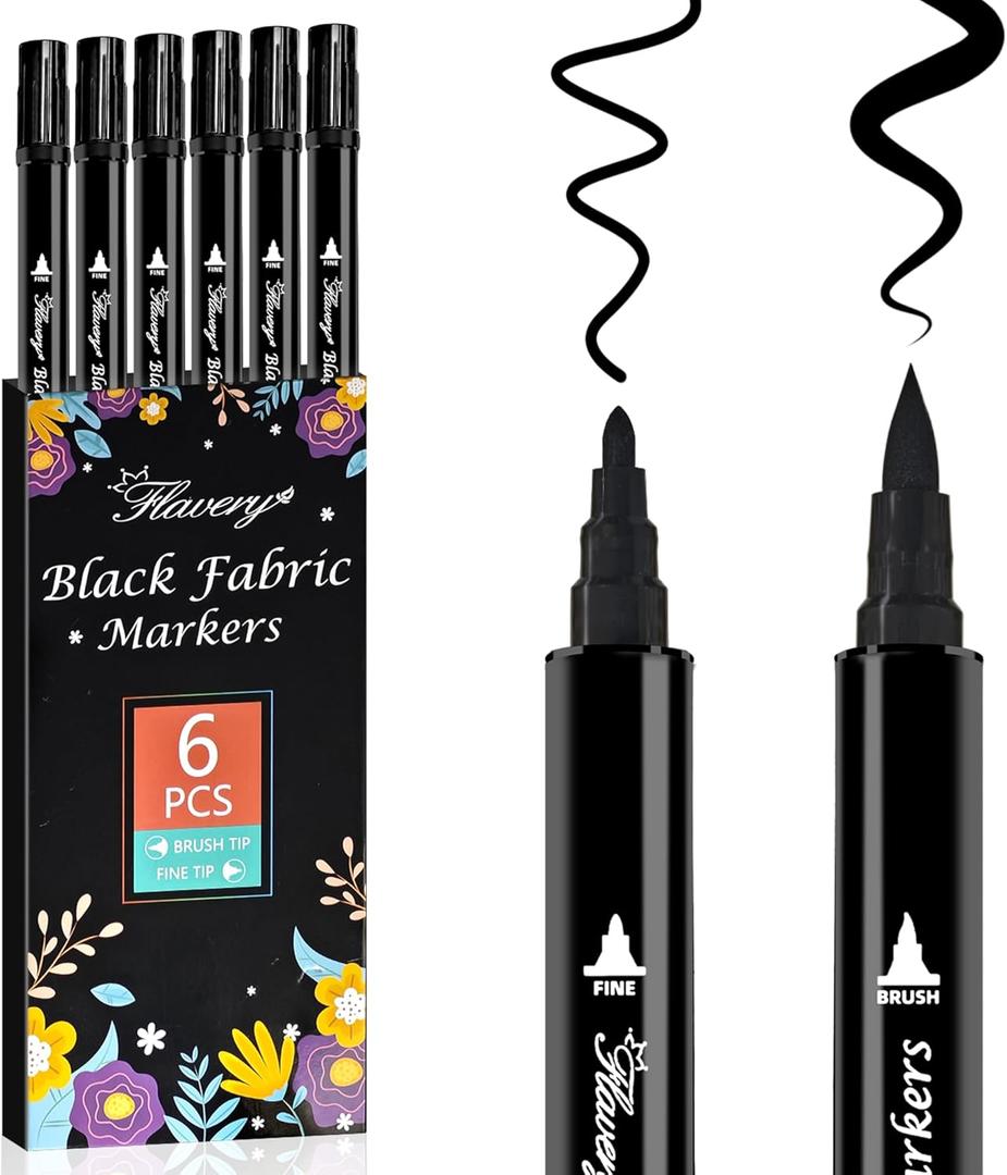 2 x Black Fabric Markers 6 Pack - Dual Tip Fabric Markers for Clothes, Permanent Textile Paint Pens for Personalizing T-Shirts, Bags, Hats, Canvas