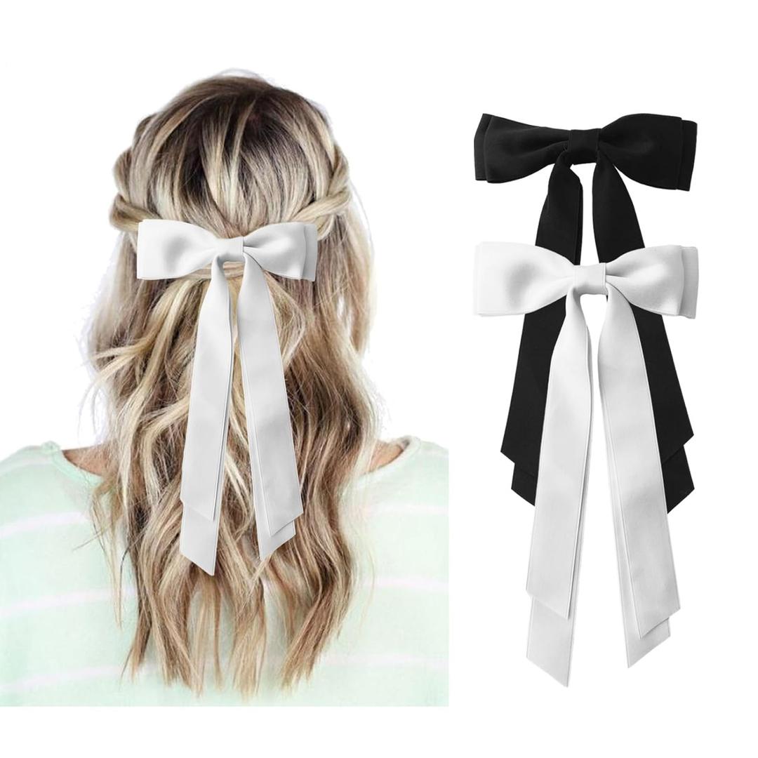 Black and White Hair Bows for Women - 2Pcs Silkly Satin Hair Ribbon Bow with Metal Clips Hair Accessories for Girls