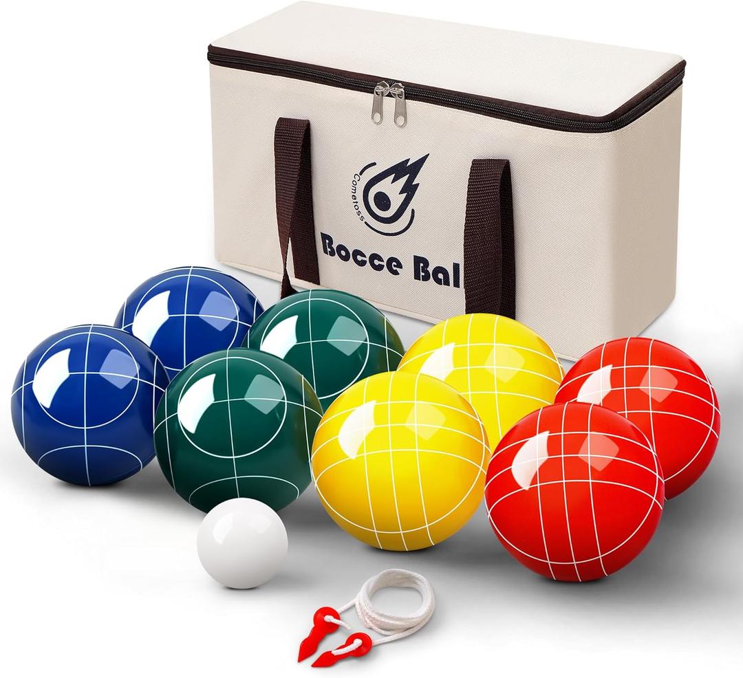 Bocce Ball Set 100mm/, Regulation Size & Weight, 8 Resin Bochi Balls with Pallino, Carrying Bag, Measuring Rope, Outdoor Sports Backyard Lawn Court Game Gift for Family & Beach (2-8 Players)