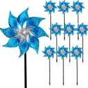 Hausse 10 Pack Reflective Pinwheels with Stakes, Extra Sparkly Pin Wheel for Garden Decor, Bird Repellent Devices Deterrent to Scare Birds Away from Yard Patio Farm, Blue
