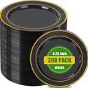 bUCLA 200PCS Black and Gold Plastic Plates - 6.25inch Black with Gold Rim Disposable Dessert/Salad/Appetizer/Small Cake Plates - Ideal for Party & New Year