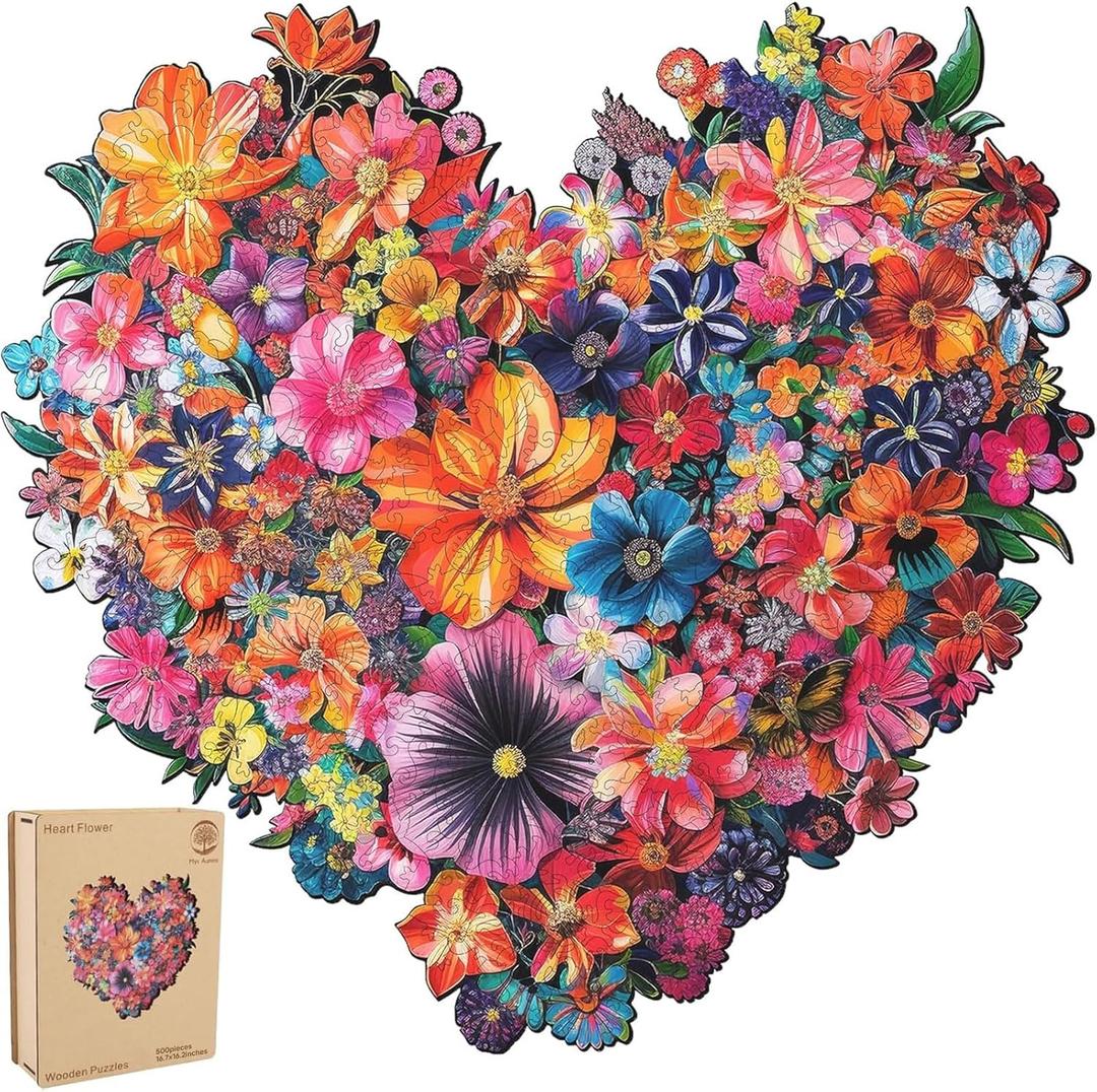 Mys Aurora Puzzles for Adults Heart Flower Wooden Puzzles, 500 Pieces Unique Shaped Jigsaw Puzzles for Adults, Fun Challenge Family Game 16.7'' x 16.2''