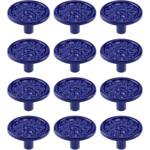 MY MIRONEY 12-Pack Blue Vintage Cabinet Knobs Zinc Alloy Flower Drawer Knob Hardware Round Decorative Pulls Handles Dresser Knobs with Screws, 1.3" Diameter