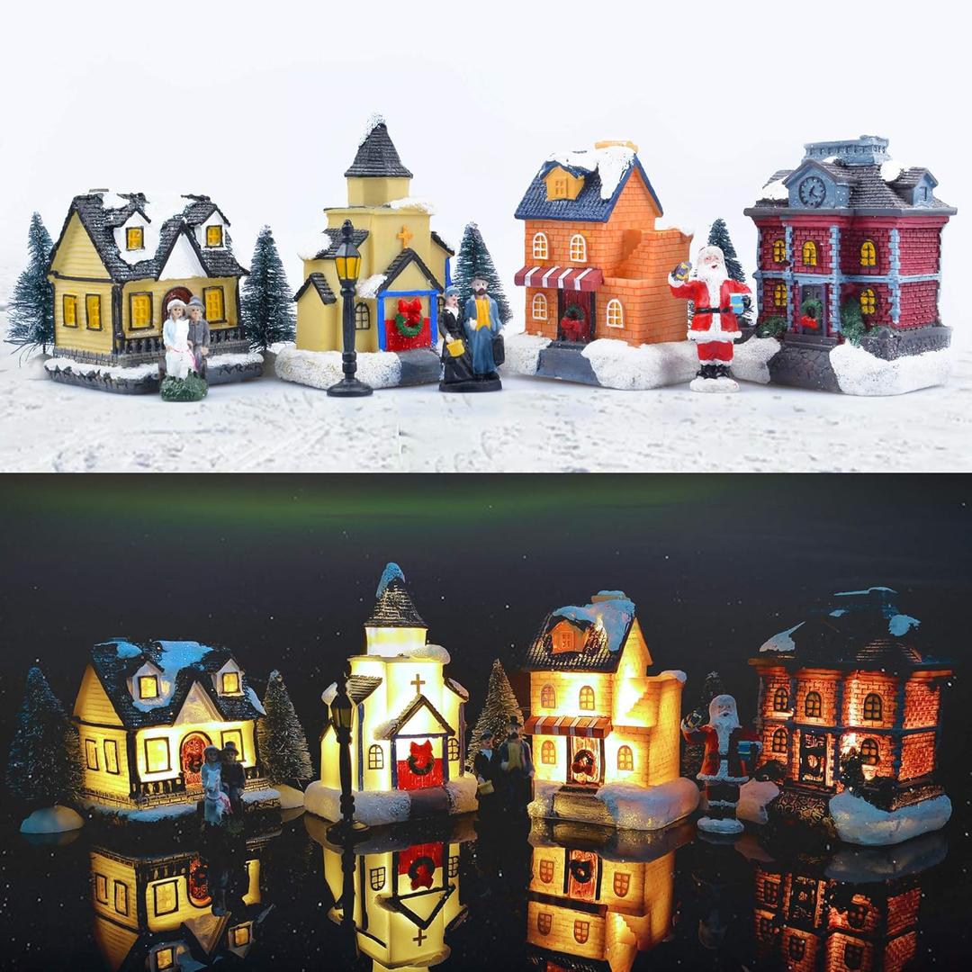 ZornRC Christmas Village Sets-Christmas Decorations,LED Lighted Christmas Village Houses with Figurines, Christmas Village Collection Indoor Room Decor - Collectible Buildings