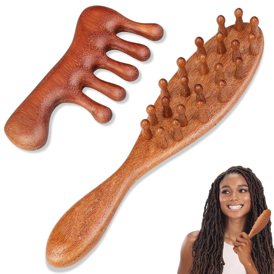 2 Pack Loc Comb for Sisterlocks, Wooden Scalp Massager for Dreadlocks, Sandalwood Wide Tooth Hair Comb for Microlocs, Natural Gua Sha Head Massage Tool for Hair Growth Relaxation Stress