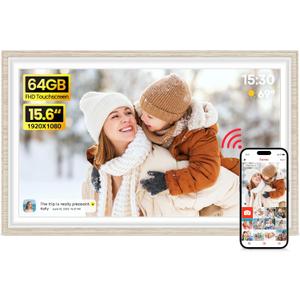64GB Frameo 15.6" Digital Picture Frame Large 1920 x 1080 IPS FHD Touch Screen WiFi Electronic Photo Frames Share Moments Instantly Anywhere Best Gifts for Parents and Grandparents White Wood