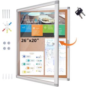 Enclosed Bulletin Board Outdoor 26"x20", Aluminium Frame Weatherproof Bulletin Board with Locking Door, Tamper-Proof Display Case Lockable Corkboard for Home, School, Office, Store (Silver-brown)