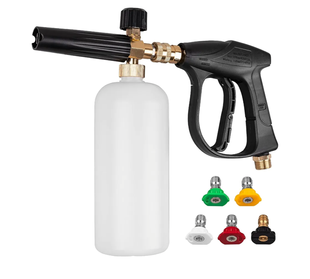 Pressure Washer Short Gun, Foam Cannon with 1/4 Inch Quick Connector, Power Washer with 5 Pressure Washer Nozzle Tips, M22-14 mm Inlet Connector