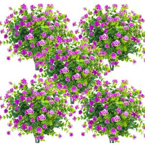 Grunyia 10 Bundles Artificial Fake Flowers, Faux Outdoor Plastic Plants UV Resistant Shrubs Outside Indoor Decorations (Purple-Eucalyptus)