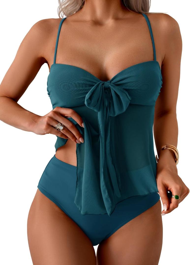 B2prity Tankini Swimsuits for Women, Tummy Control Flowy Mesh Tops, High Waisted Bottoms, Coquette 2 Piece Bathing Suits, Large