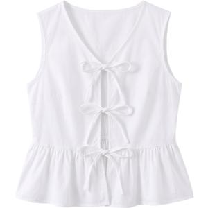 Avanova Women Tie Front Tank Tops Striped Peplum Blouse White Medium (White)