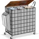 Laundry Basket with Wheels, Heavy Duty Laundry Sorter 3 Sections, 140L (37Gal.) Large Capacity Laundry Hamper with Wood Lid, 360 Rolling Wheels, Extra Side Pocket, Leather Pull Handle (Grey)