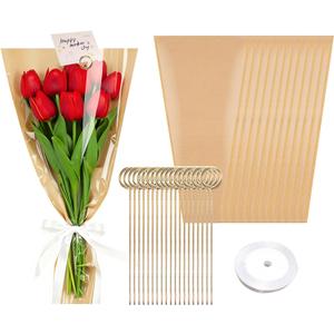 HJORZMM 50 PCS Flower Bouquet Wrapping Bags Paper with 50 PCS Floral Card Holder Picks and Ribbons, Flower Wrapping Brown Paper Sleeves for Flower Bar, Mother's Day, Graduation, Valentine, Birthday