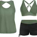 Yonique 3 Piece Tankini Swimsuits for Women Swim Tank Top Bathing Suits with Boy Shorts and Bra Athletic Swimwear (Large, Black & Army Green)