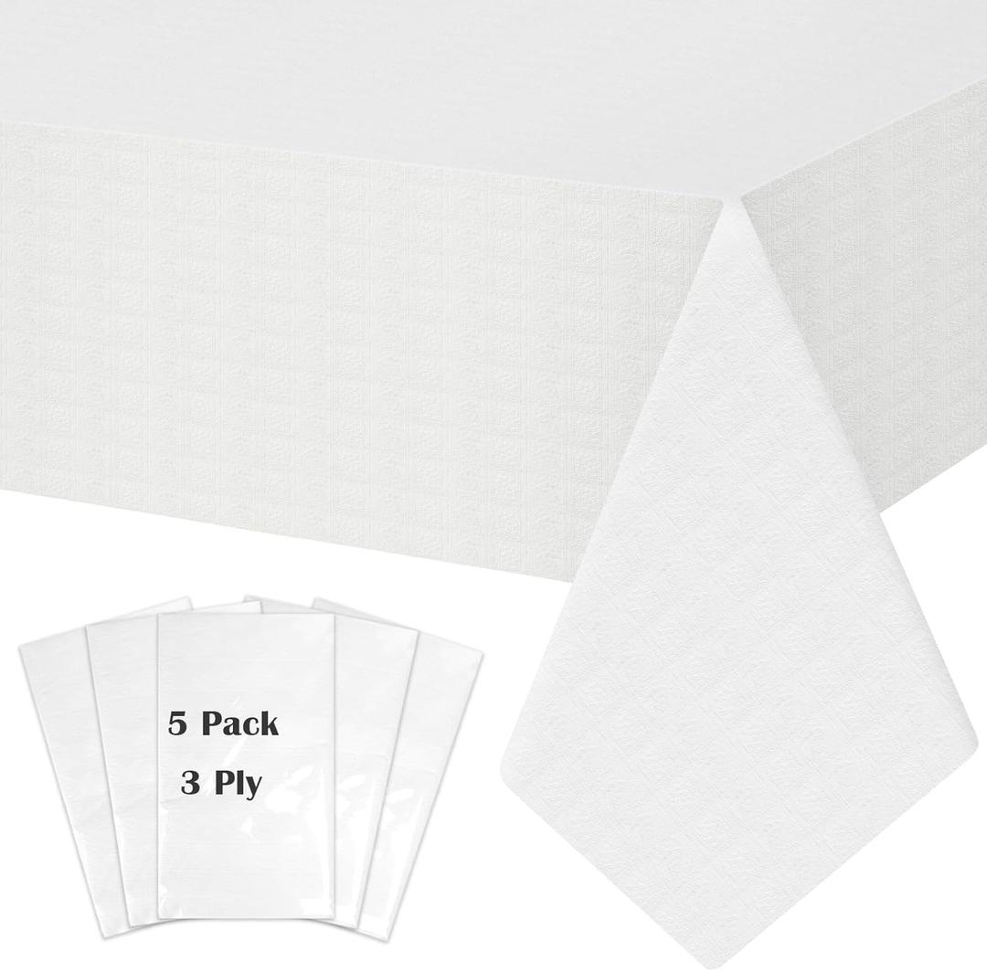 Disposable Table Cloth for Rectangle Tables 5 Pack, 54'' x 108'' White Paper Tablecloths for 3-9 Ft Tables, Paper & Plastic Party Table Cover for Outdoor, Birthday, Wedding, Banquet