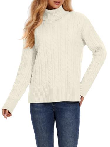 ZANZEA Turtleneck Sweater Women Long Sleeve Oversized Pullover Spilt Hem Chunky Cable Knit Jumper Fall Sweaters 2024 Light Beige X-Large